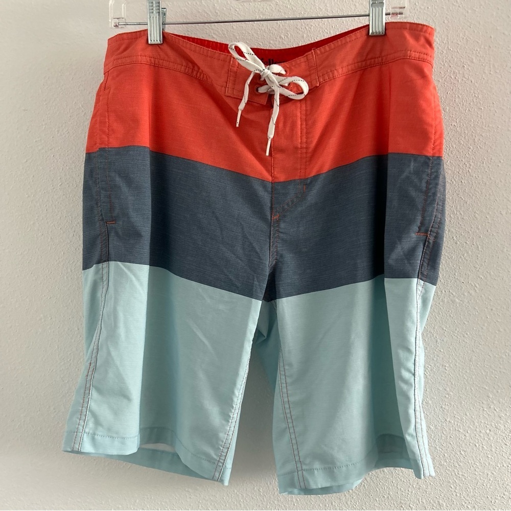 Goodfellow & Co Tri-Color Swim Shorts in Red, Blue, and Light Blue